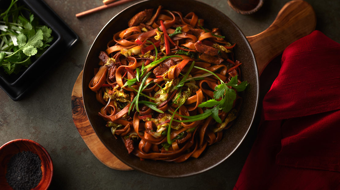 bowl of pork lo mein from above