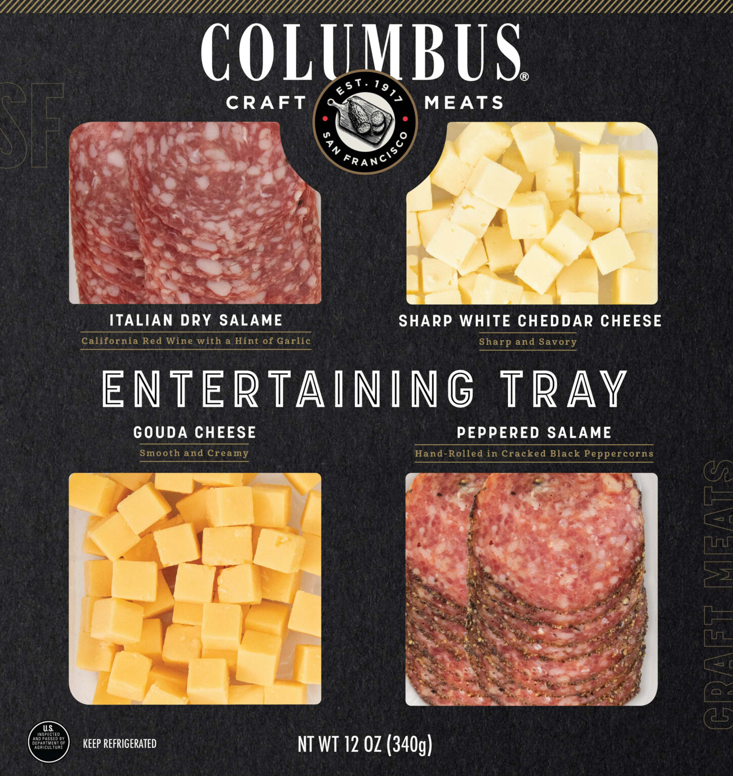 A COLUMBUS<sup>®</sup> Entertaining Tray in packaging. The packaging is black with four cut outs for salami and cheese.