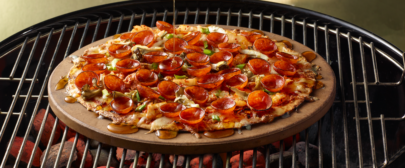 Grilled Cauliflower Crust Pizza with Pepperoni, Hot Honey and Kimchi