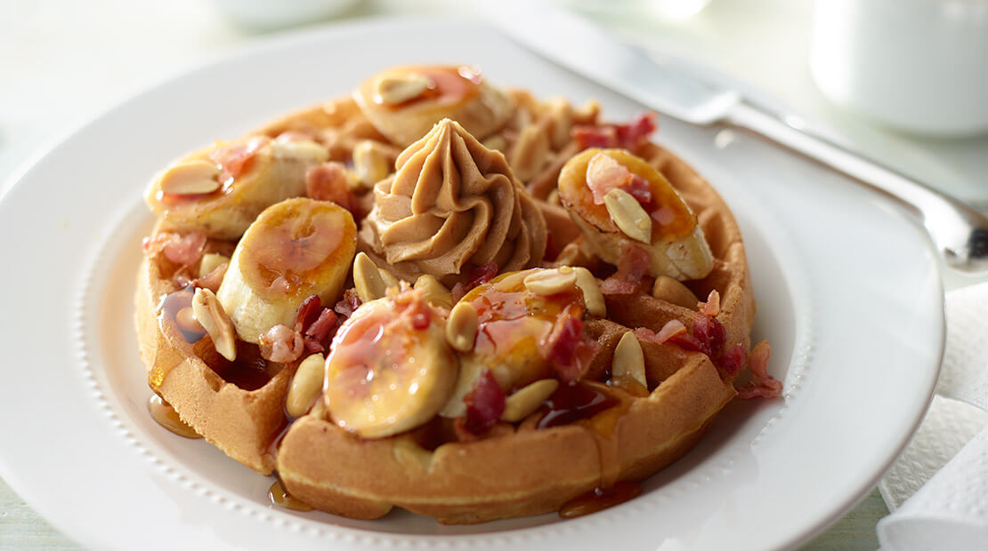 Fat Elvis Waffles with Bruleed Bananas and Peanut Cream