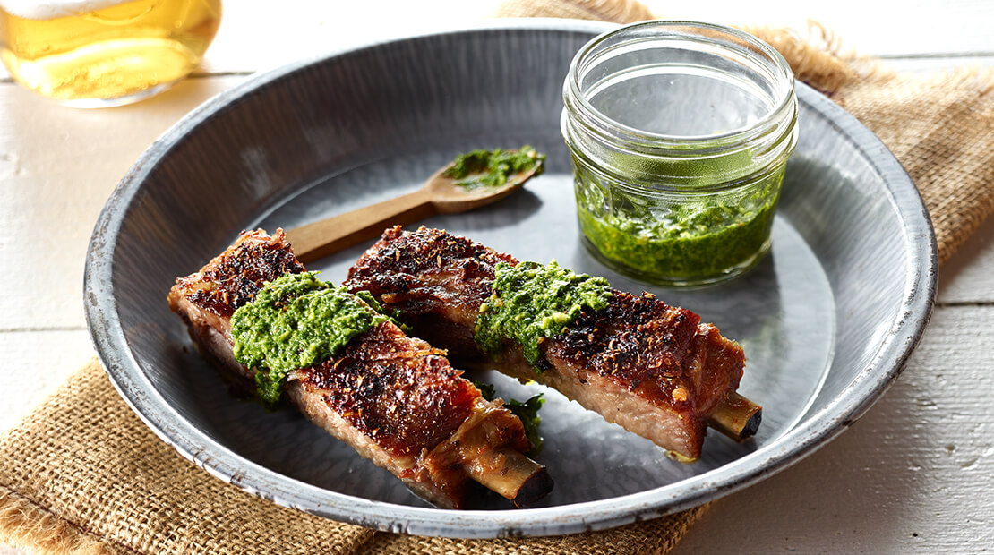 Babyback Ribs with Midwestern Spice Mix and Cilantro Pesto