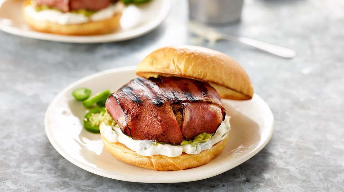 Bacon Wrapped Turkey Burger with Guacamole and Jalapeno Mayo by Chef Kenneth Temple