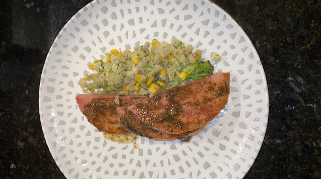 Roast Jerk Pork and Cauliflower Broccoli Rice Pilaf