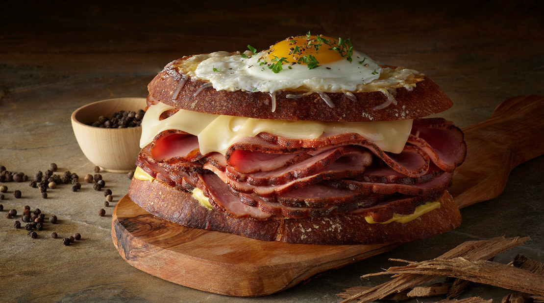 Pecan Smoked Sweet Black Peppered Ham Croque Madame