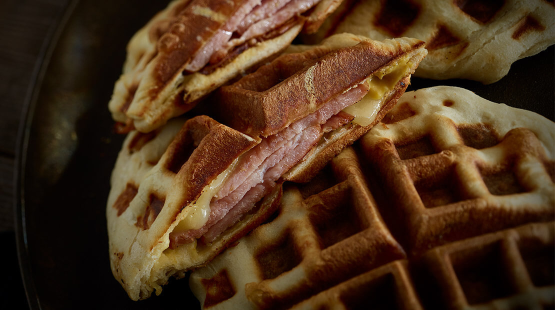 Canadian Bacon and Cheese Waffle Sandwiches