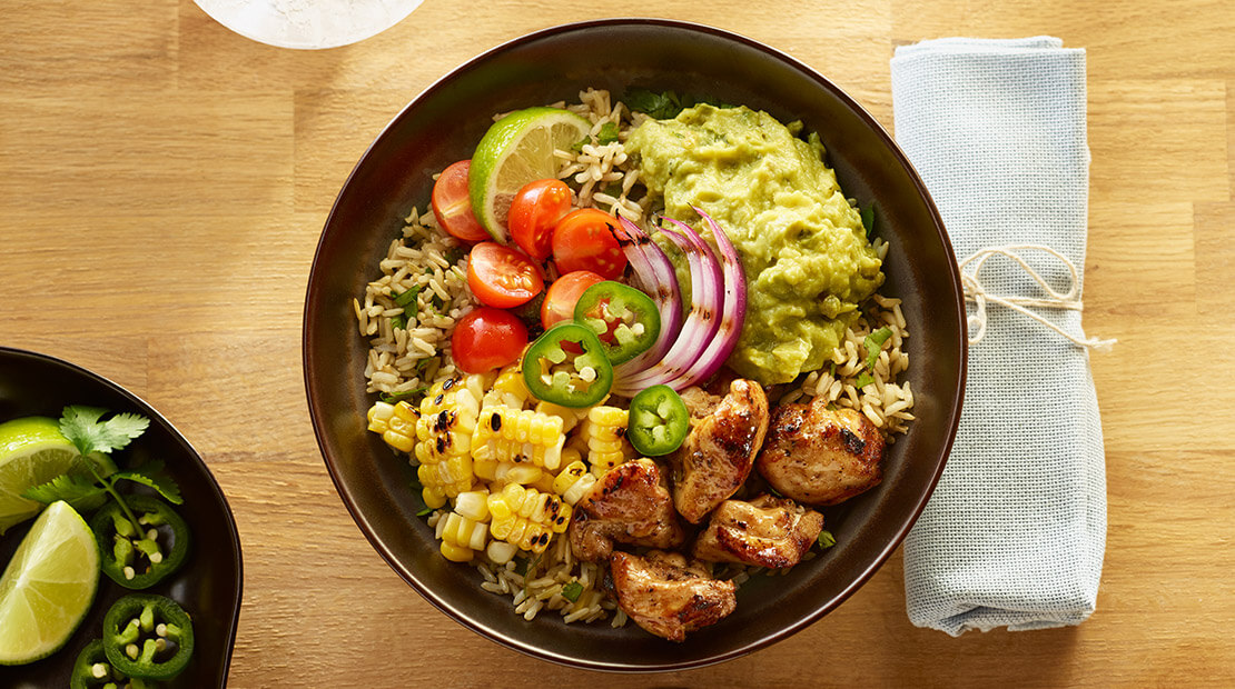 KILLER GRILLED CHICKEN AND GUACAMOLE BURRITO BOWL