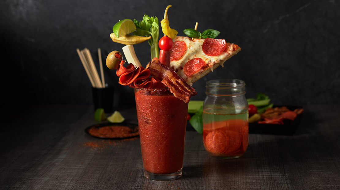 Bloody Mary with pizza garnish