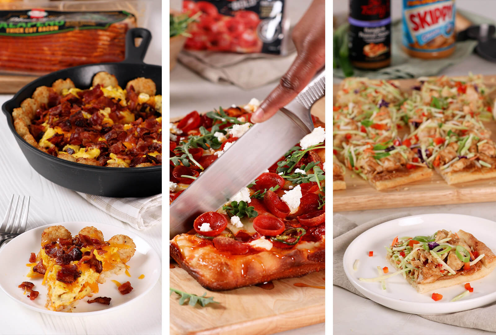 Collage of breakfast pizza, detriot style pizza and spicy thai pizza