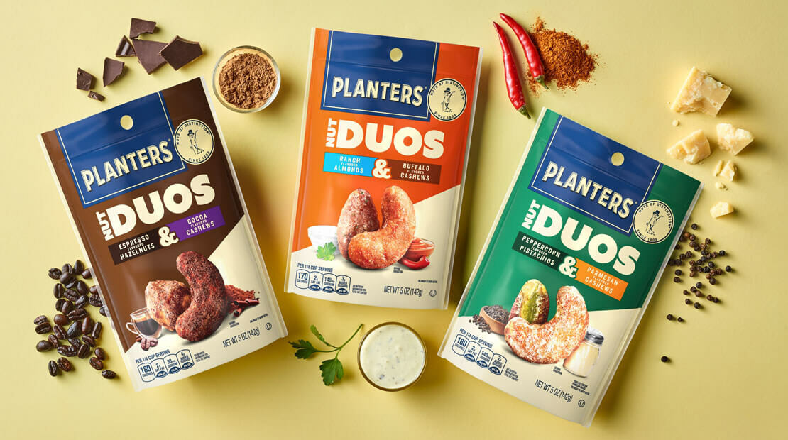 The latest PLANTERS® Nut Duos product introduction provides the ultimate snack experience –two nut types combined with two flavors to bring an exciting experience of texture and flavor in one bag.