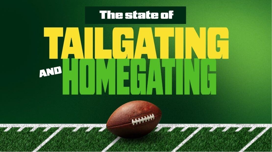 Football field with football on turf. Green background with the text “The state of Tailgating and Homegating.”