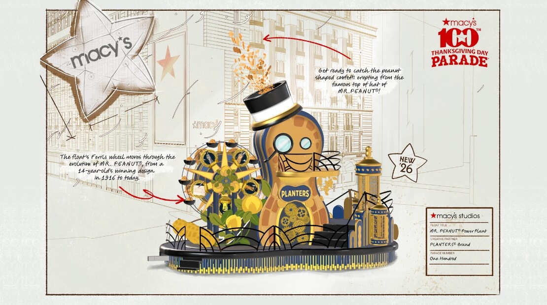 Sketch of MR. PEANUT® and a PLANTERS® brand float in the h Macy’s Thanksgiving Day Parade.