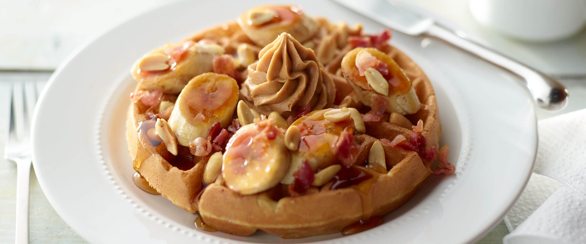 Waffles with Bruleed Bananas and Peanut Cream