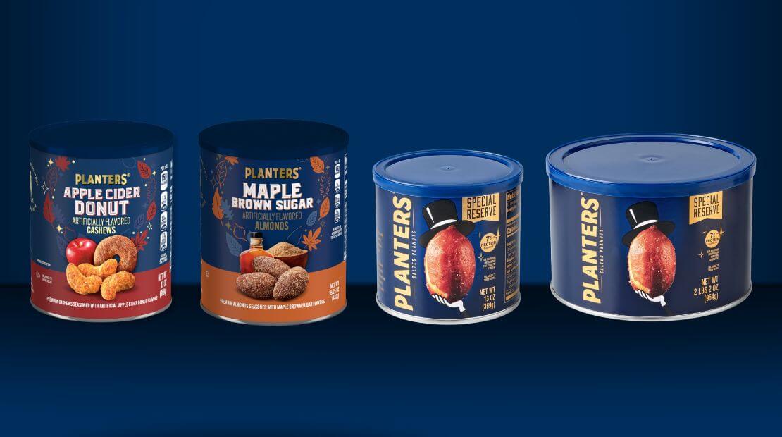 PLANTERS® Brand Fall collection featuring Maple Brown Sugar Almonds, Apple Cider Donut Cashews and Expanded Special Reserve Collection packages against a blue background.