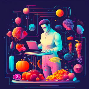 An AI generated image of a futuristic man surrounded by food and circuitry