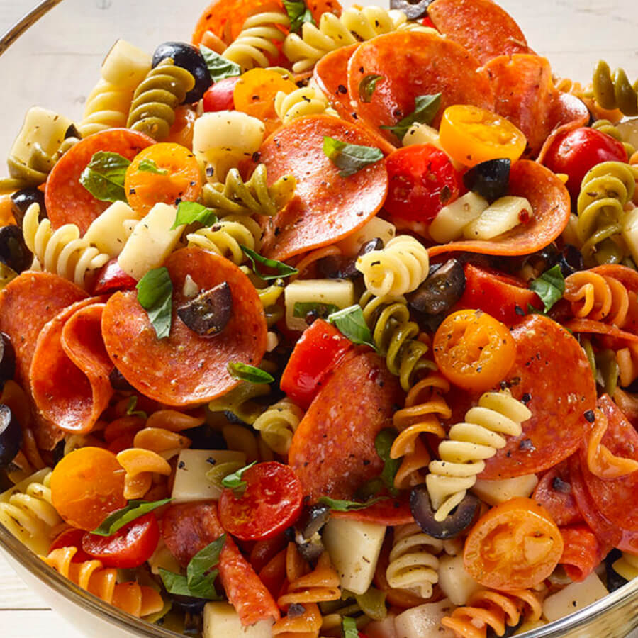 bowl of pepperoni pasta salad