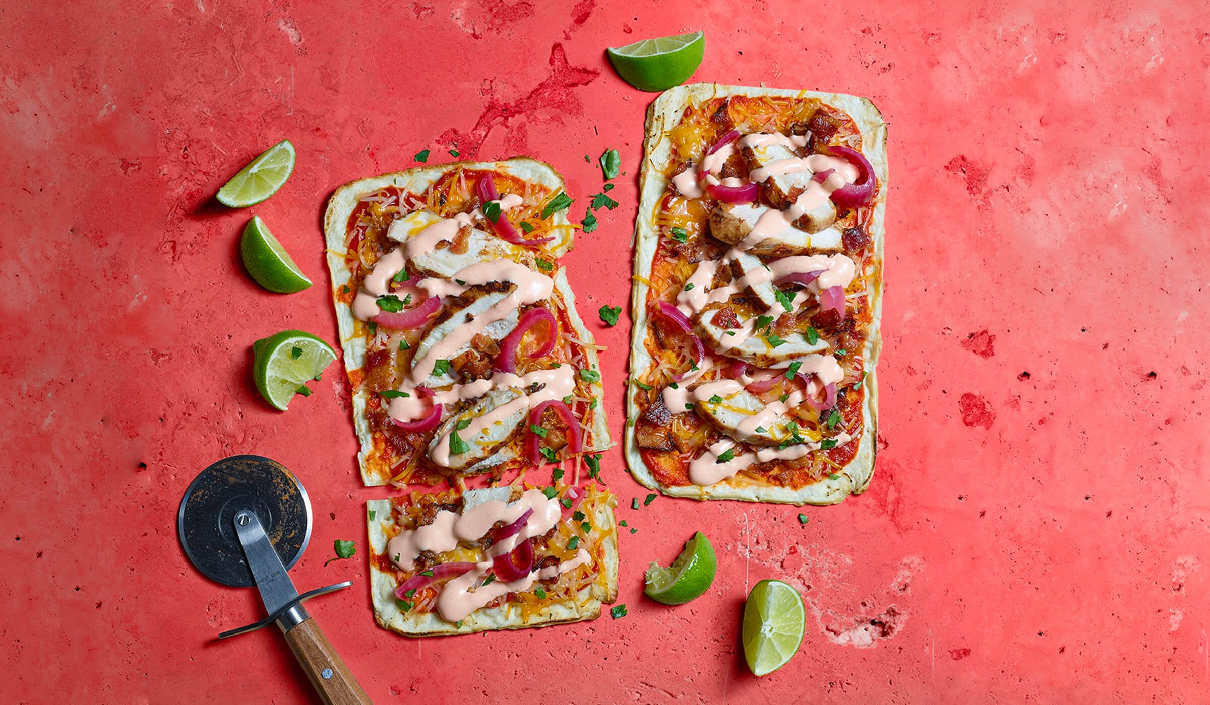 Chipotle Chicken Flatbread with Guajillo-Lime Mayo Drizzle