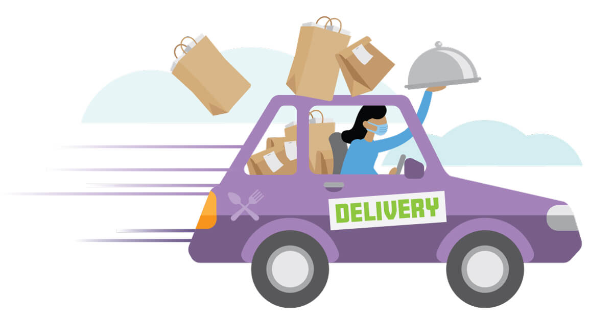 An illustration of a purple car driving quickly with food delivery bags