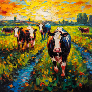 An AI generated image of a field of cows painted in the style of Vincent van Gogh
