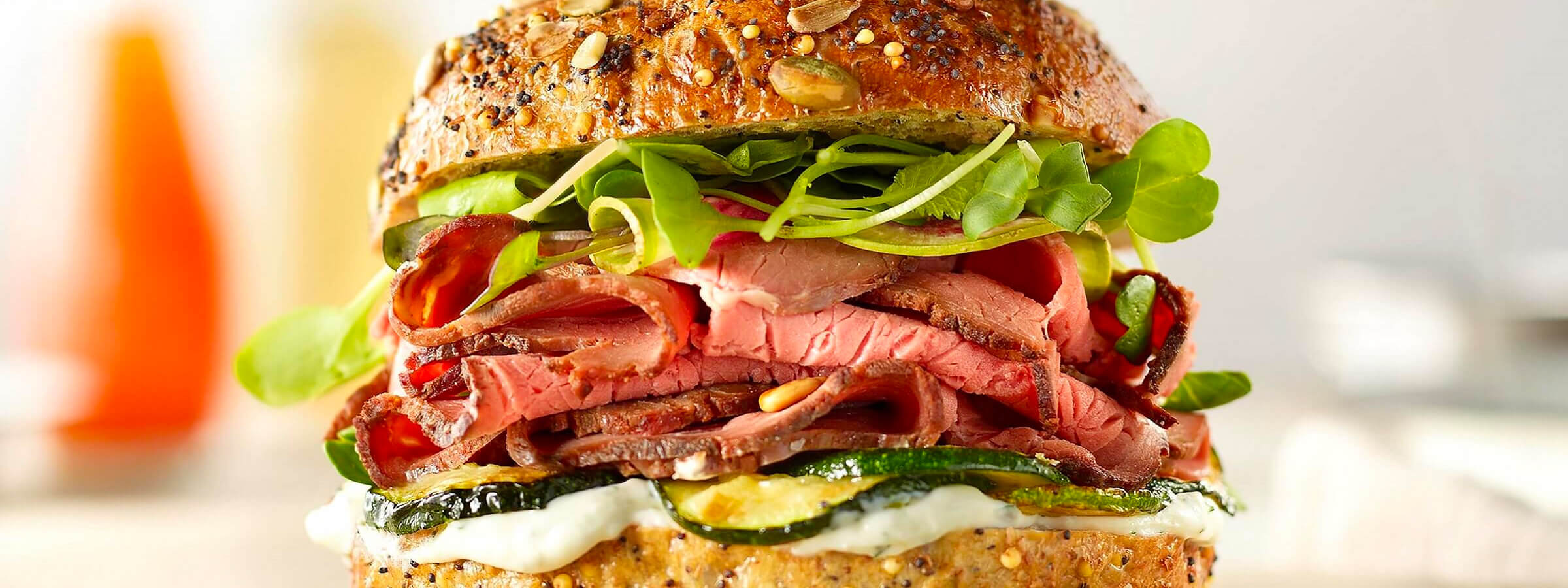 A closeup shot of a roast beef sandwich