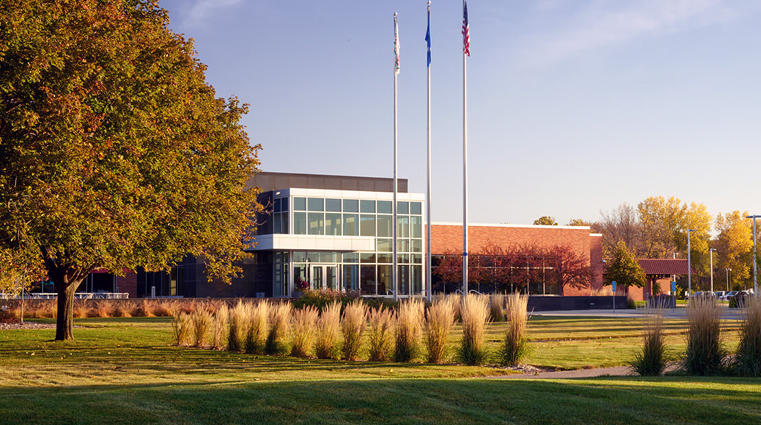 Hormel Foods headquarters wide shot with flags