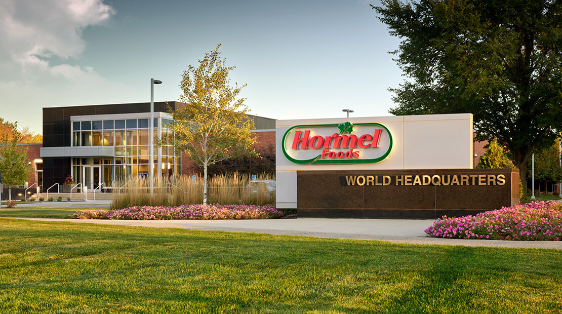 Hormel Foods headquarters with sign and building