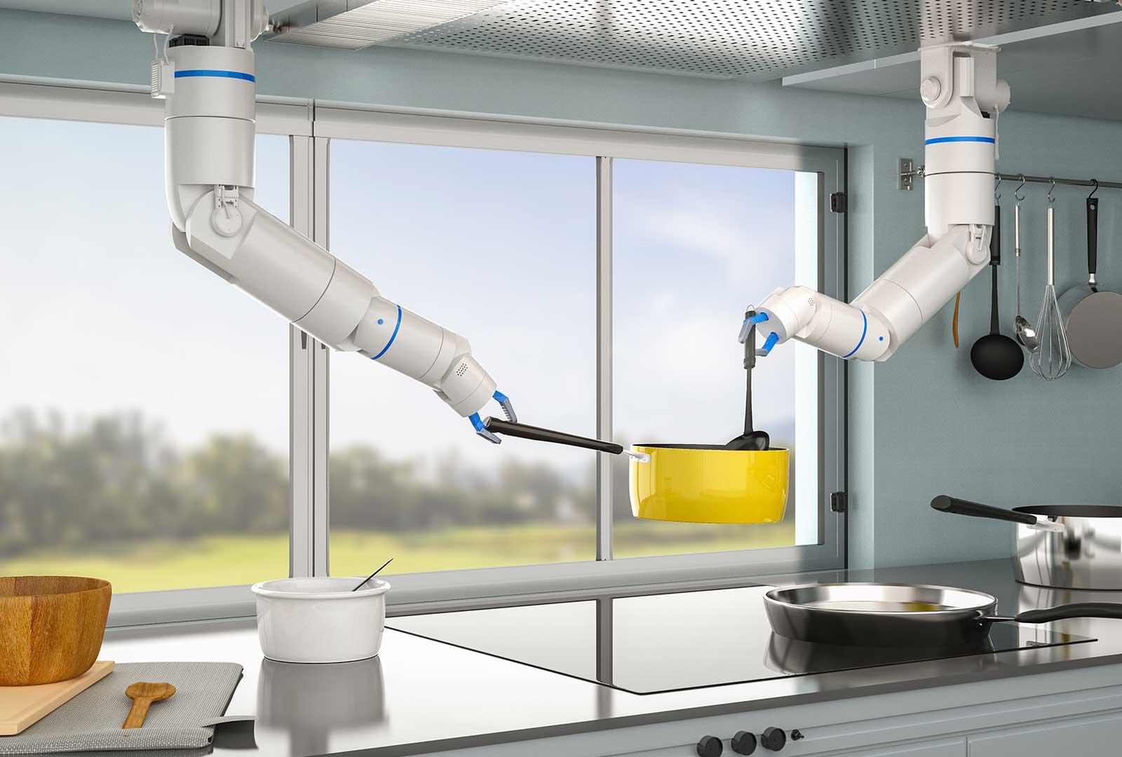 Robotic arms preparing a meal