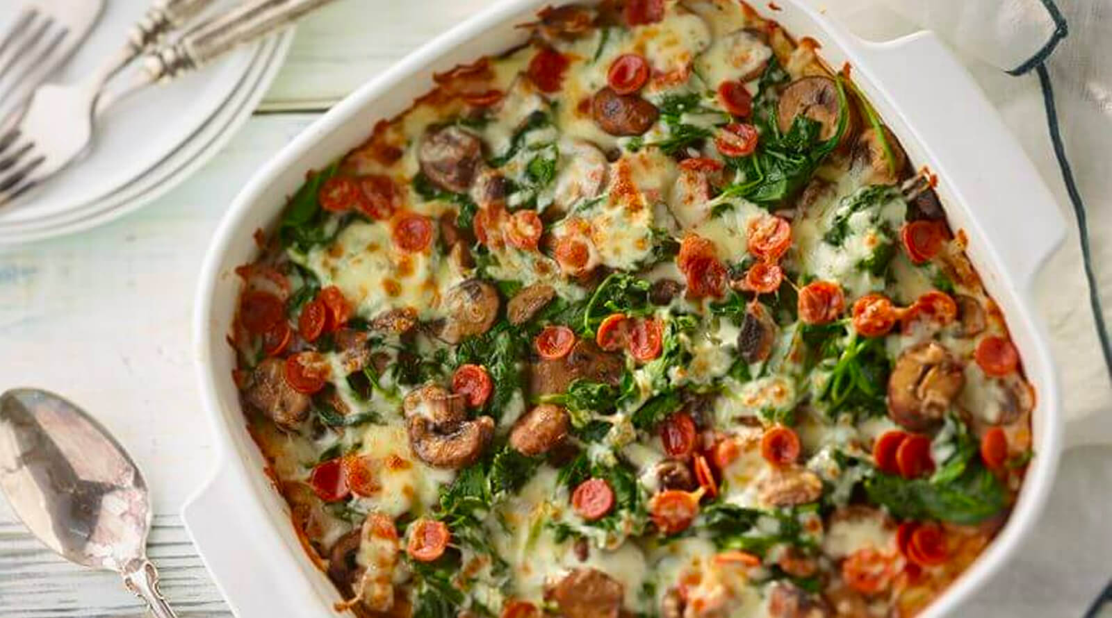 A dish of Pepperoni-Spinach Mashed Potato Crust Pizza