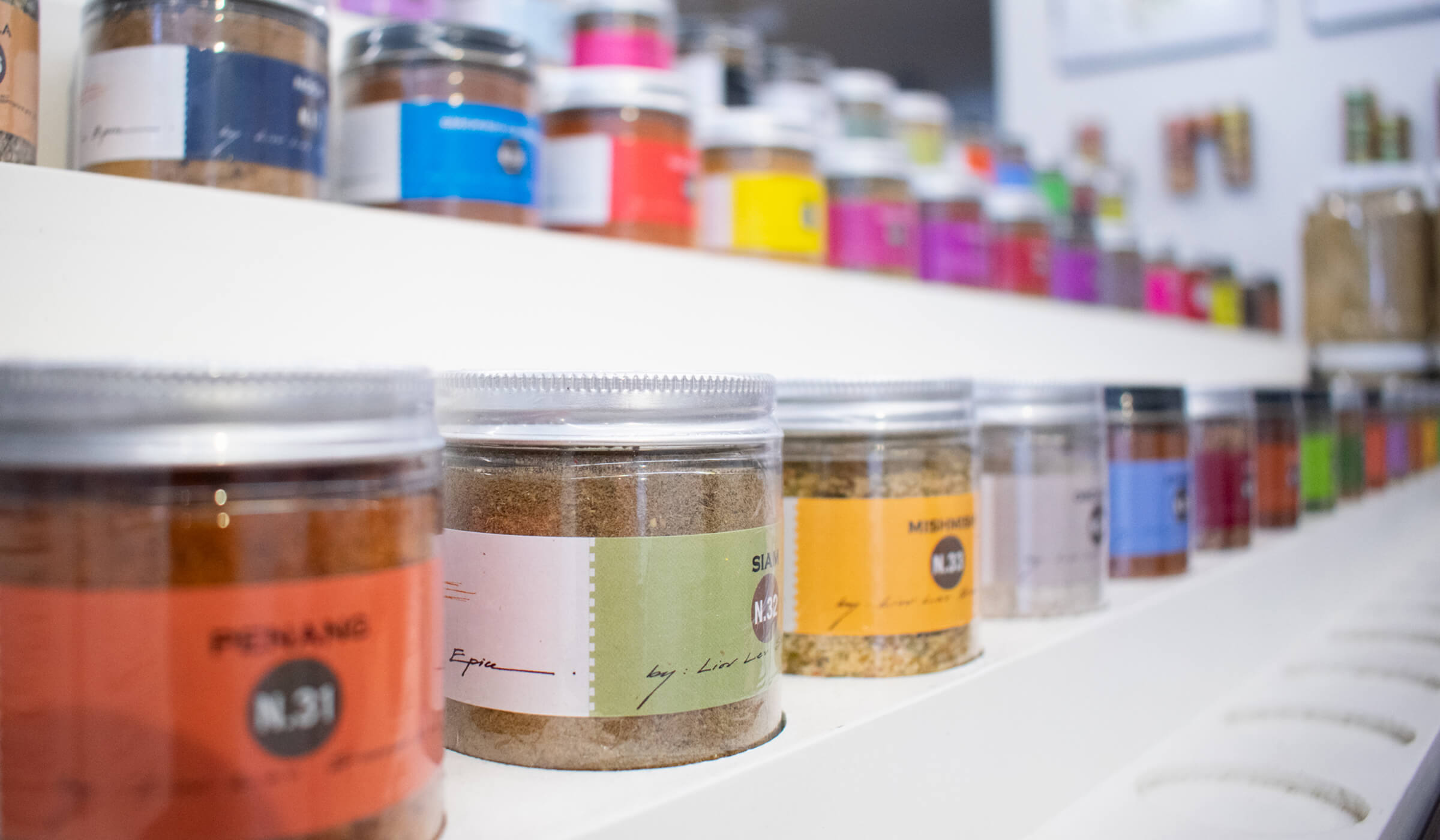 Rack of spices in the La Boite shop New York City