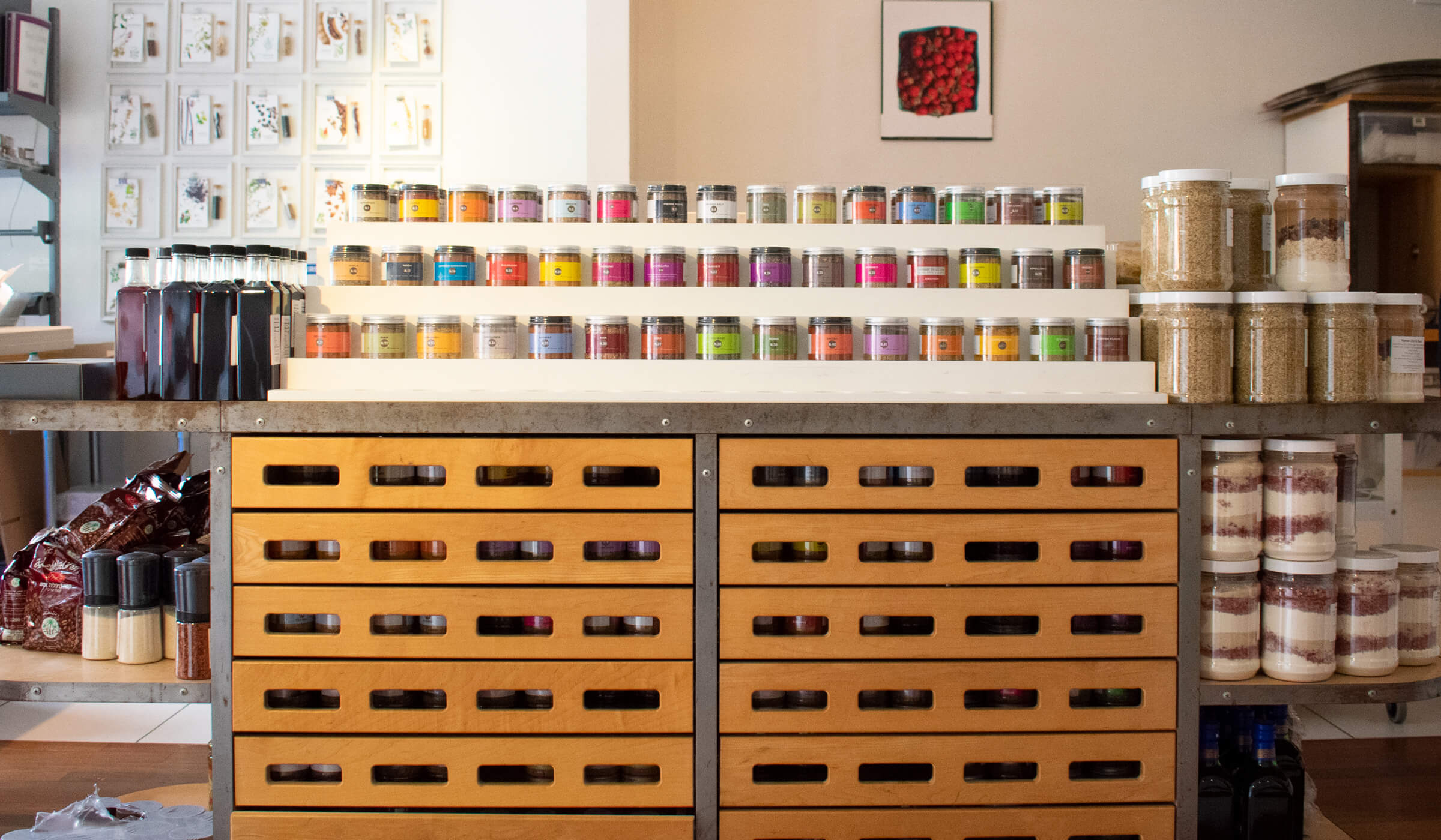 Rack of spices in the La Boite shop New York City