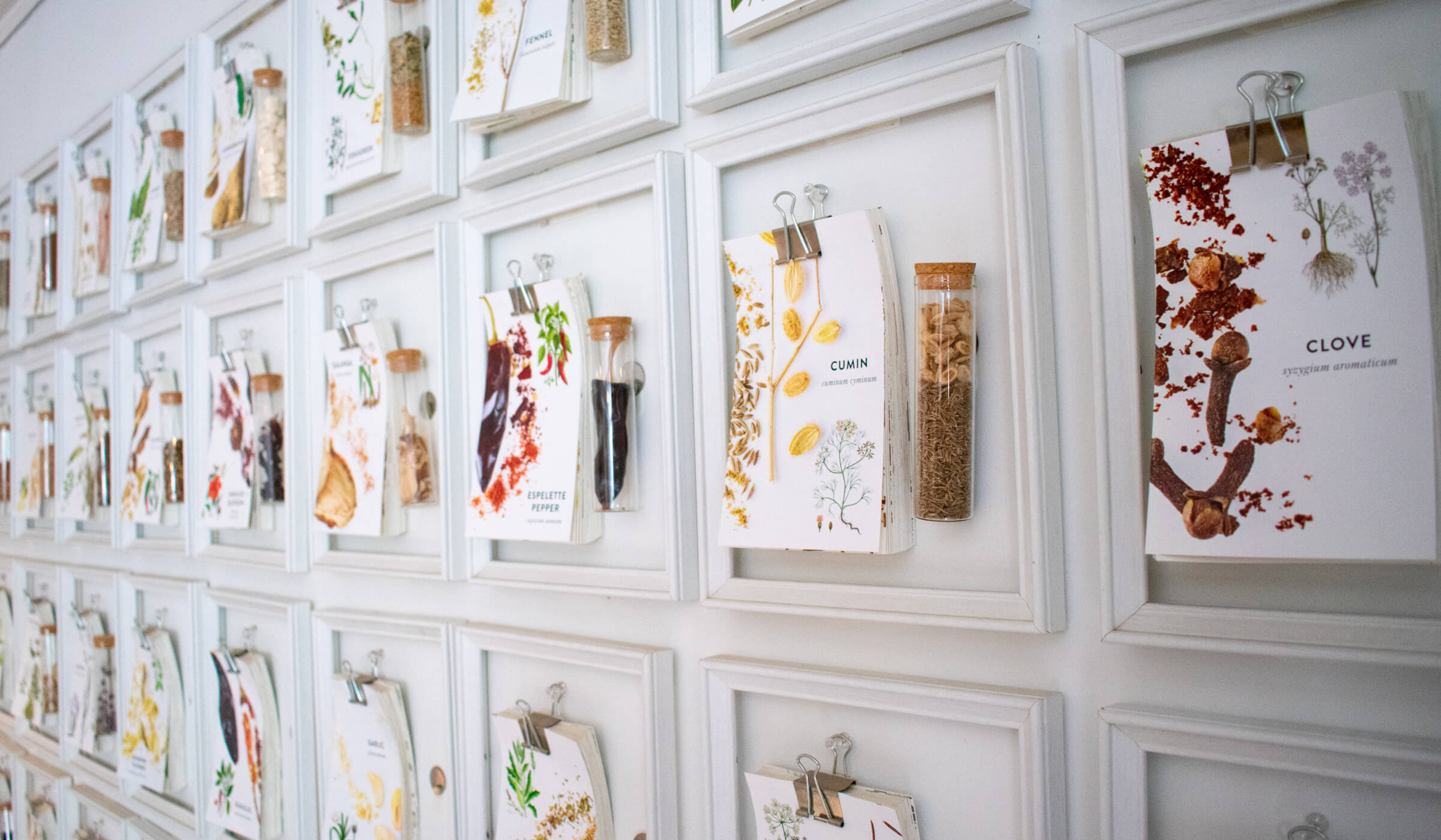 Wall of hand outs about spices at La Boite in New York City